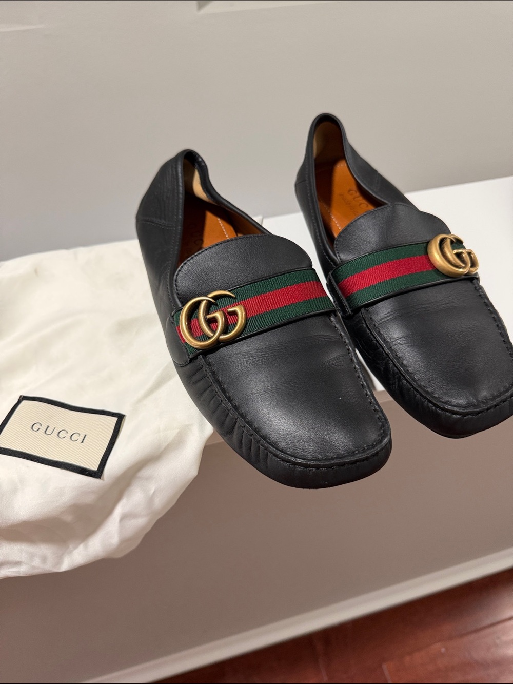 Gucci Black Leather Loafers with Green and Red Web and Gold Double G